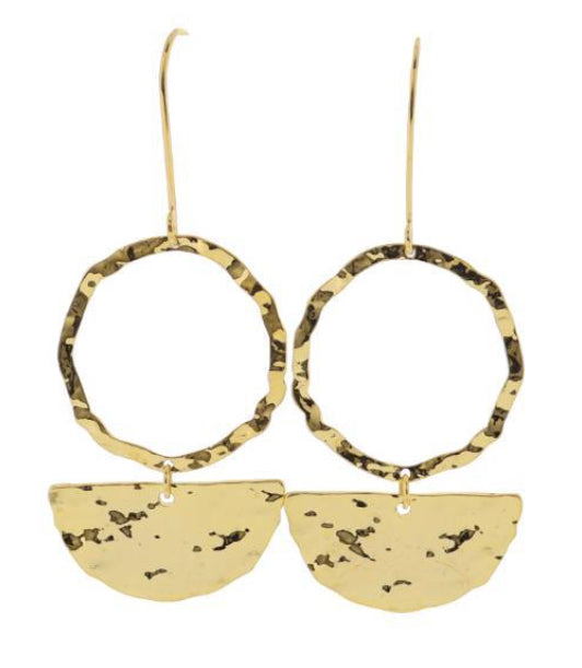 Jane Marie 18K Gold Plated Gold Threader With Hammered Open Circle Earrings With Gold Hammered Half Circle