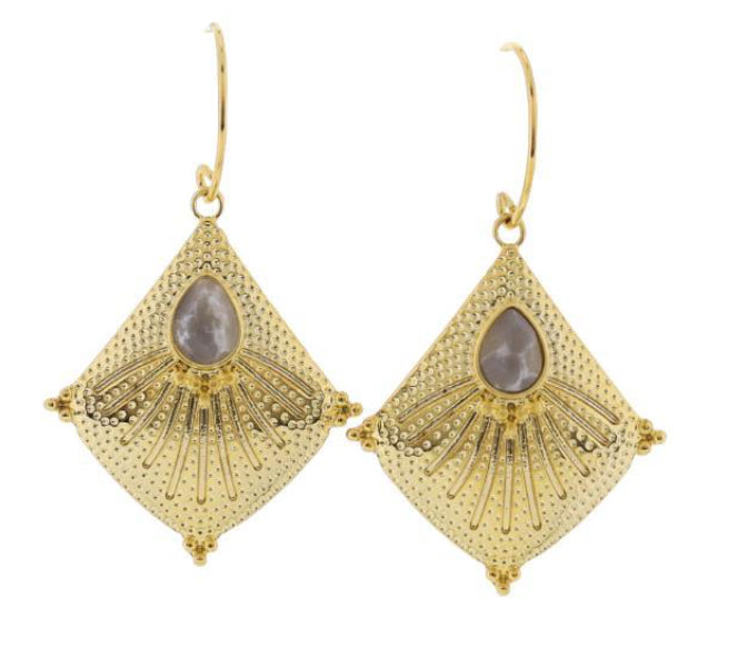 Jane Marie 18K Gold Plated Gold Half Hoop Earrings With Gold Dotted textured Diamond Shape With Natural Stone