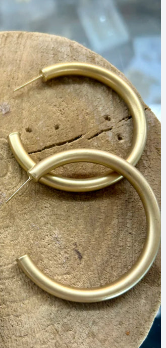 Alex Carol 50MM Medium Open 5MM Hollow Hoop 14K Matte Gold Color Water Resistant