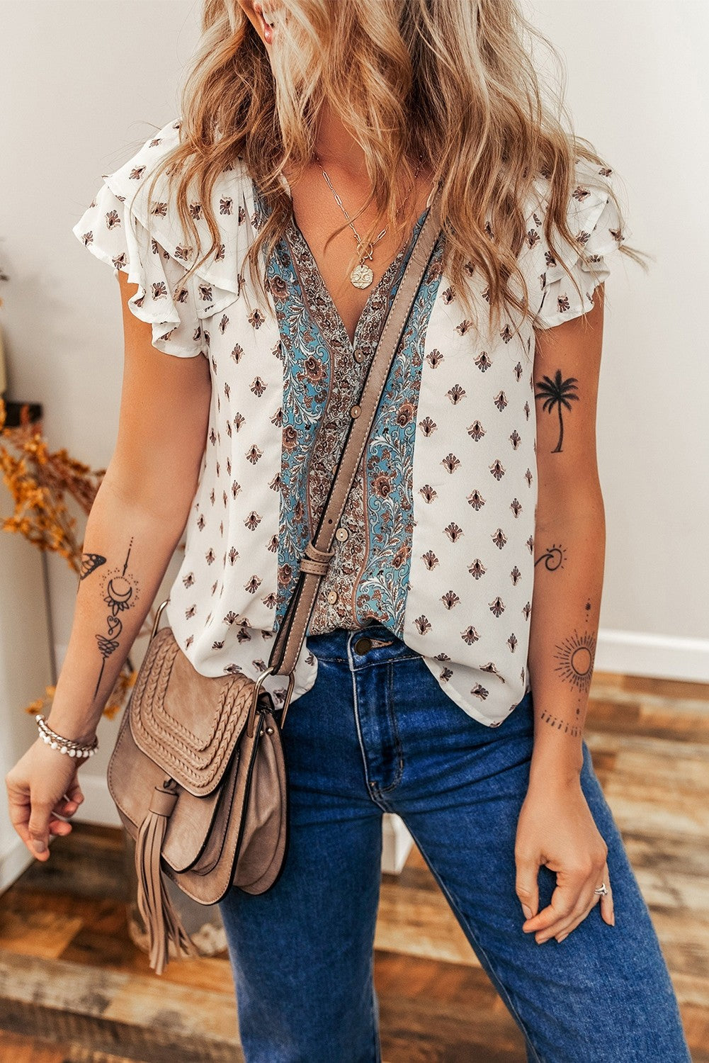 El Kanna Boho Pattern Tiered Ruffled Sleeve V Neck Buttone Multi