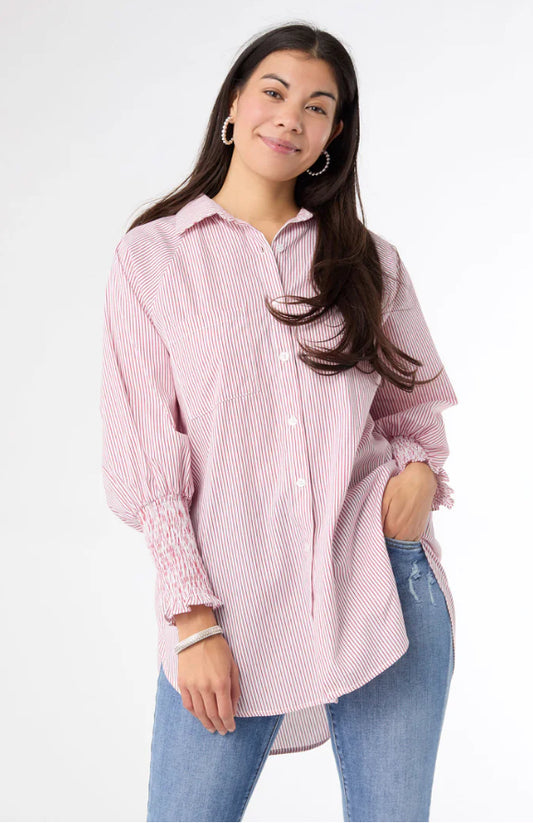 Coco+Carmen Tianna Striped Tunic Top With Cinched Sleeve White / Burgandy