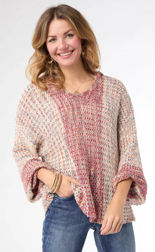Coco+Carmen Neville Multi Color V-Neck Sweater with Hood Burgundy/Natural