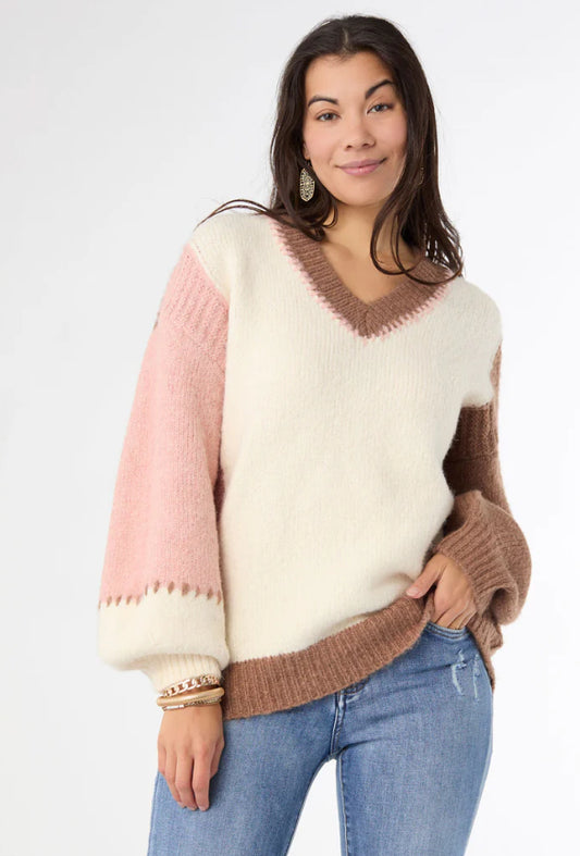 Coco+Carmen Dolores V-Neck Sweater With Contrast Sleeves Spumoni