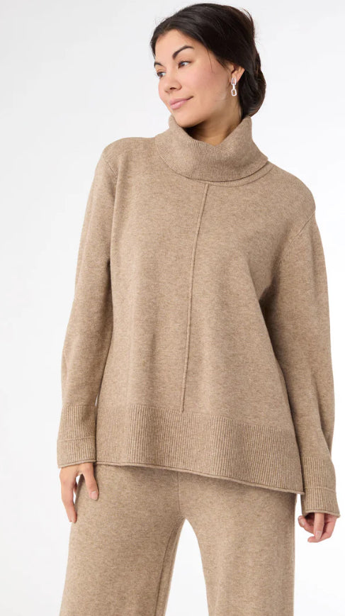 Coco+Carmen Heavenly Luxe Cowl Neck With Rib Trim Detail Beige Heather