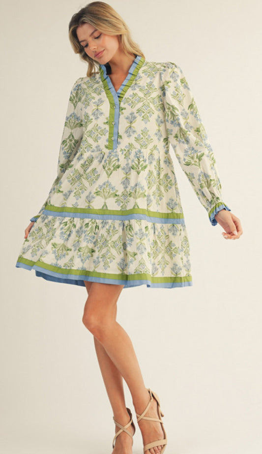 Jodifl Long sleeves button down floral tiered dress with solid contrast, ruffle detail.
