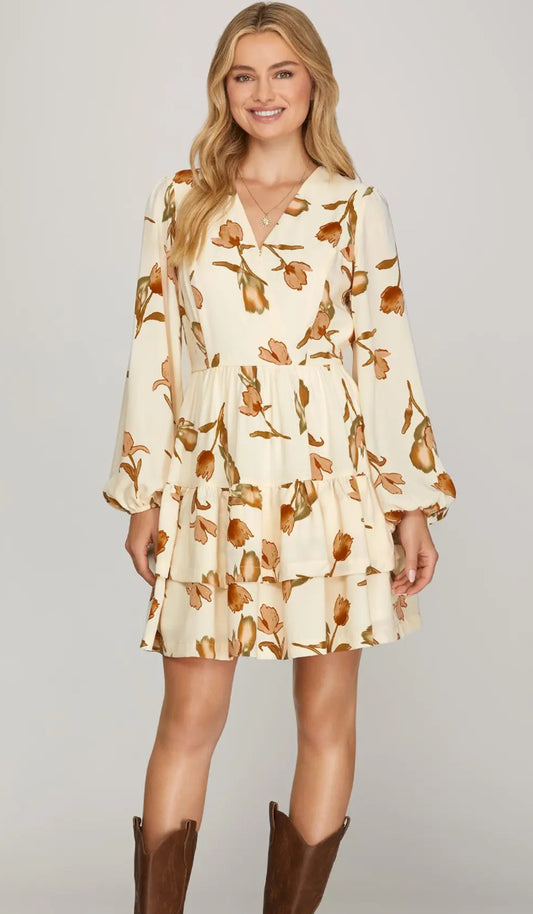 She+Sky LONG SLEEVE WOVEN PRINT SURPLICE MINI TIERED DRESS WITH ELASTIC WAISTBAND