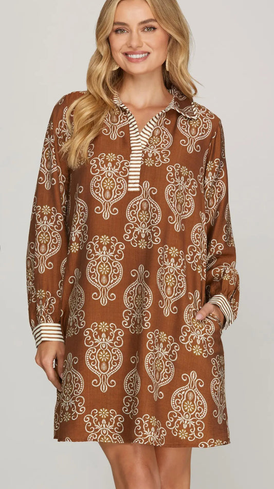 She+Sky LONG SLEEVE WOVEN PRINT MINI DRESS WITH CONTRAST DETAIL AND POCKET