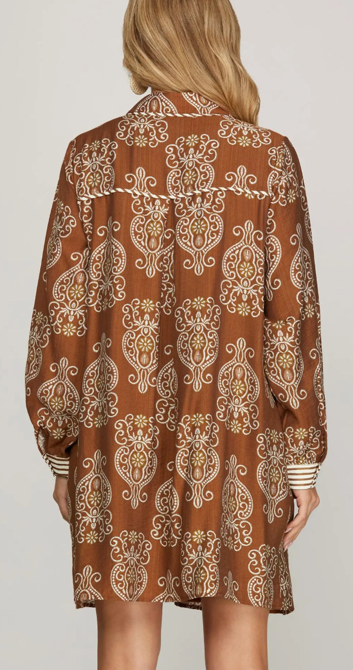 She+Sky LONG SLEEVE WOVEN PRINT MINI DRESS WITH CONTRAST DETAIL AND POCKET