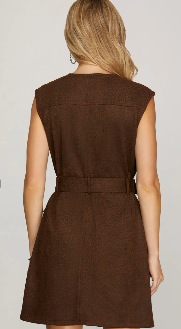 She+Sky SLEEVELESS ANIMAL PRINT SUEDE BUTTON DOWN MINI DRESS WITH BELT