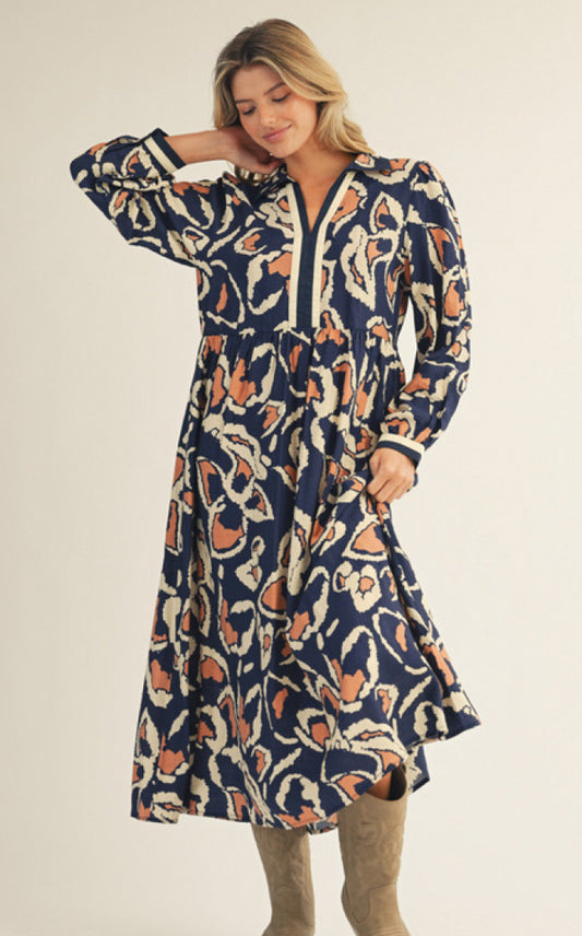Jodifl Long sleeves boho floral midi dress with side pockets, collared neckline, solid contrast detail.
