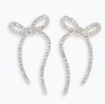 Periwinkle Earrings Long Silver Bows With Crystal