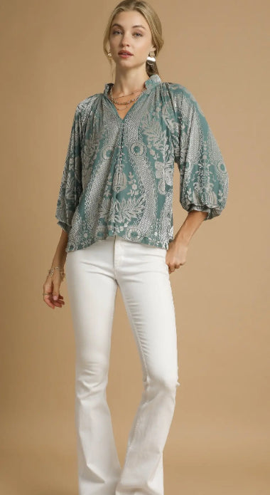 Umgee Damask Print Velvet Split Neck Top Sage