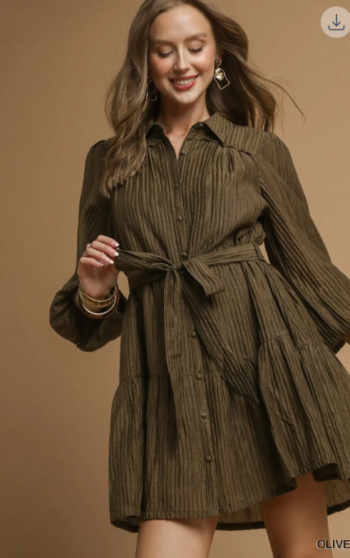 Umgee Crinkle Button-Front Tiered Mini Dress with Waist Tie Olive