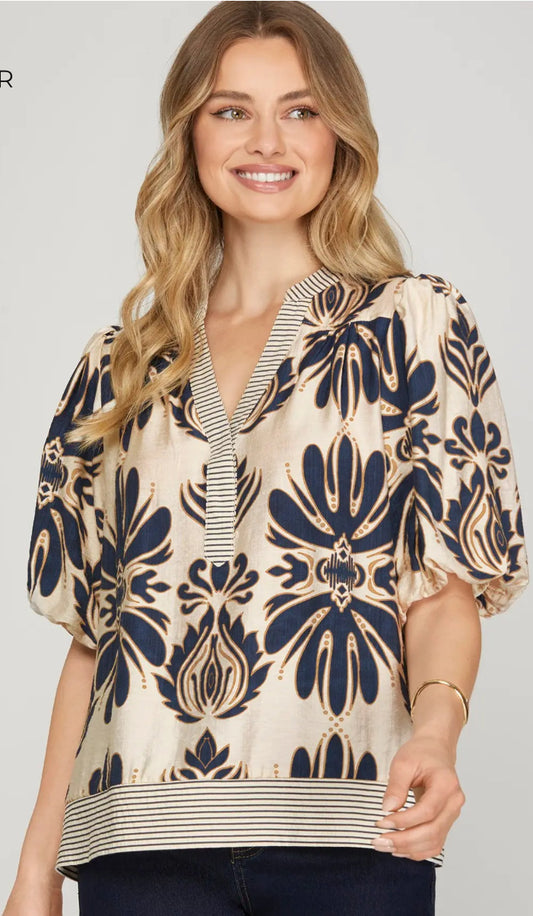 She + Sky BUBBLE SLEEVE PRINTED WOVEN