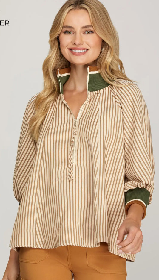 She + Sky 3/4 SLEEVE HALF ZIP STRIPED TOP Taupe