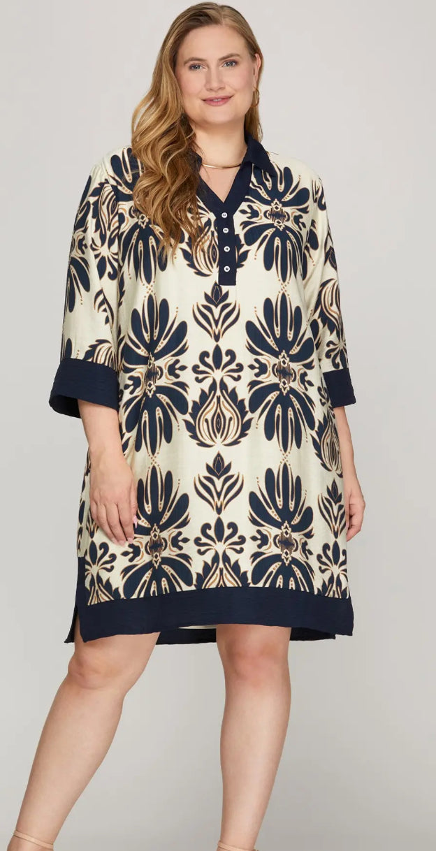 She + Sky 3/4 SLEEVE HALF ZIP STRIPED TOP Navy