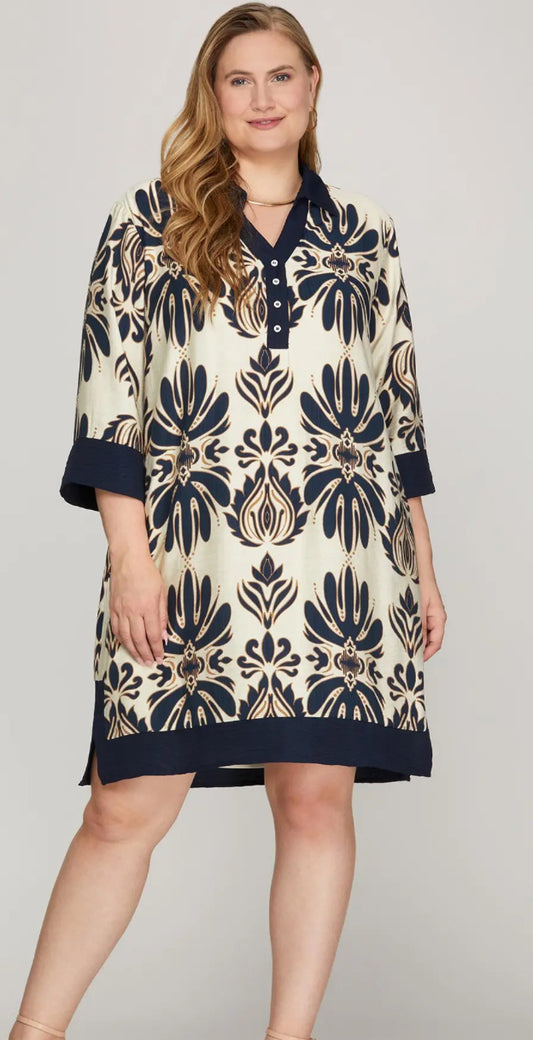 She + Sky 3/4 SLEEVE HALF ZIP STRIPED TOP Navy