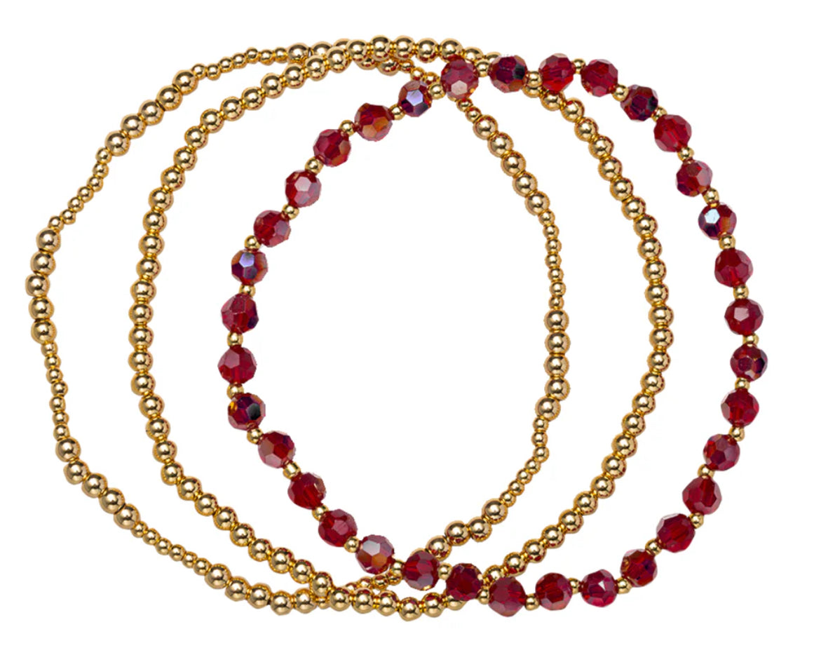 Jane Marie Golden 18K Gold Plated Set of 3 January Garnet Beaded Stretch Bracelet