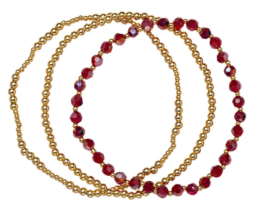 Jane Marie Golden 18K Gold Plated Set of 3 January Garnet Beaded Stretch Bracelet