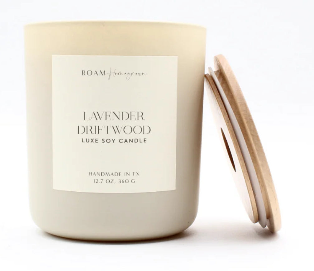 Roam Homegrown Lavender Driftwood Luxe Soy Candle, Cream