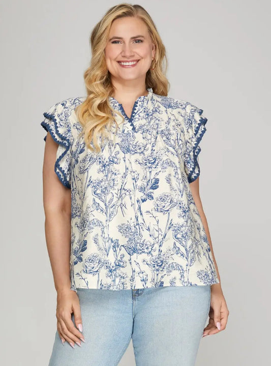 She + Sky PLUS - RUFFLE SLEEVE WITH CONTRAST STITCH PRINTED WOVEN TOP