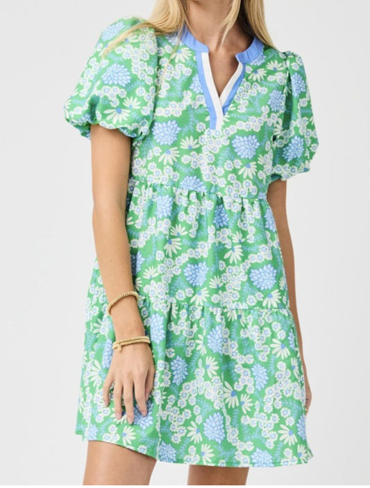 Mary Square Mini Dress Kinsley Daisy Chain Green