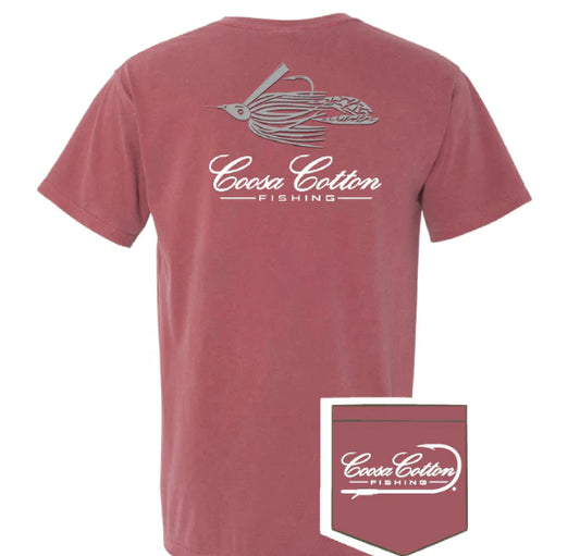 Coosa Cotton SHORT SLEEVE POCKET TEE | ORIGINAL SWIM JIG LOGO | BRICK RED