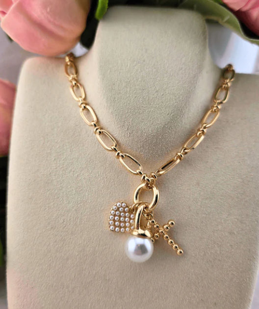 Canvas Poppy Beaded Cross & Pearl Charm Necklace In Shiny Gold