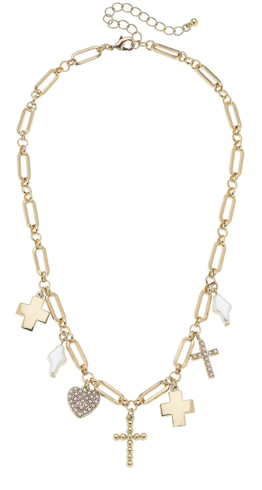 Canva Abigail Multi Cross Charm Necklace In Shiny Gold