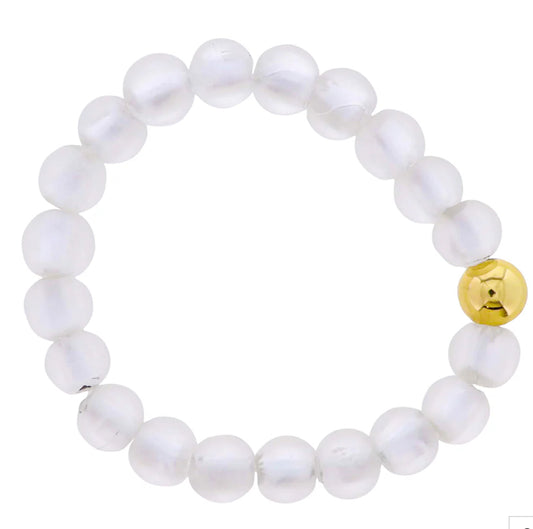 Jane Marie 18K Gold Plated Clear Tumbled Glass Beaded Stretch Bracelet with Gold Ball
