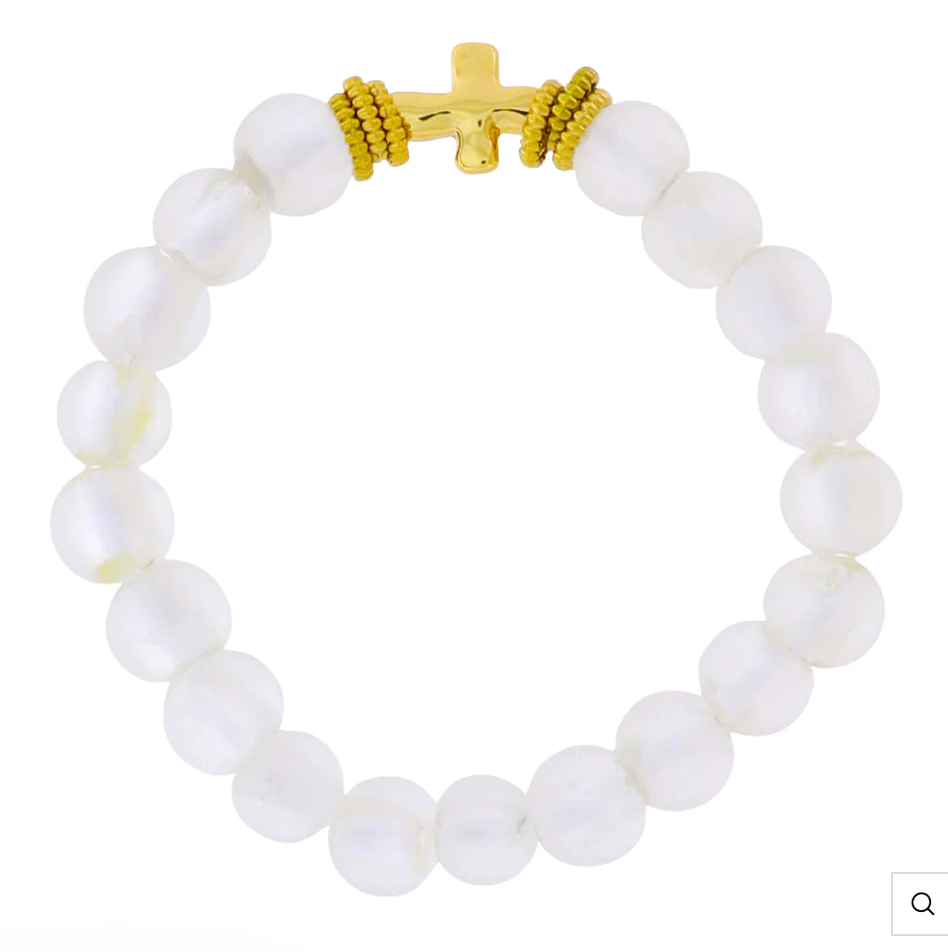 Jane Marie 18K Gold Plated Clear Tumbled Glass Beaded Stretch Bracelet With Gold Cross