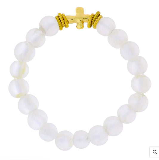 Jane Marie 18K Gold Plated Clear Tumbled Glass Beaded Stretch Bracelet With Gold Cross