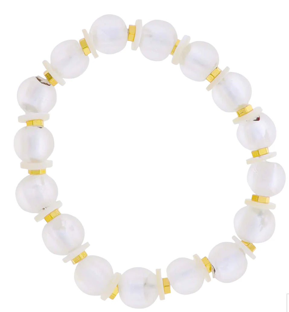 Jane Marie 18K Gold Plated Clear Tumbled Glass Beaded Stretch Bracelet With Gold Spacers