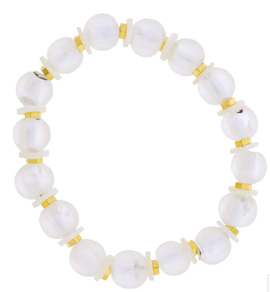 Jane Marie 18K Gold Plated Clear Tumbled Glass Beaded Stretch Bracelet With Gold Spacers