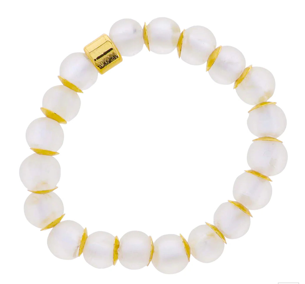 Jane Marie 18K Gold Plated Clear Tumbled Glass Beaded Stretch Bracelet With Gold Bar