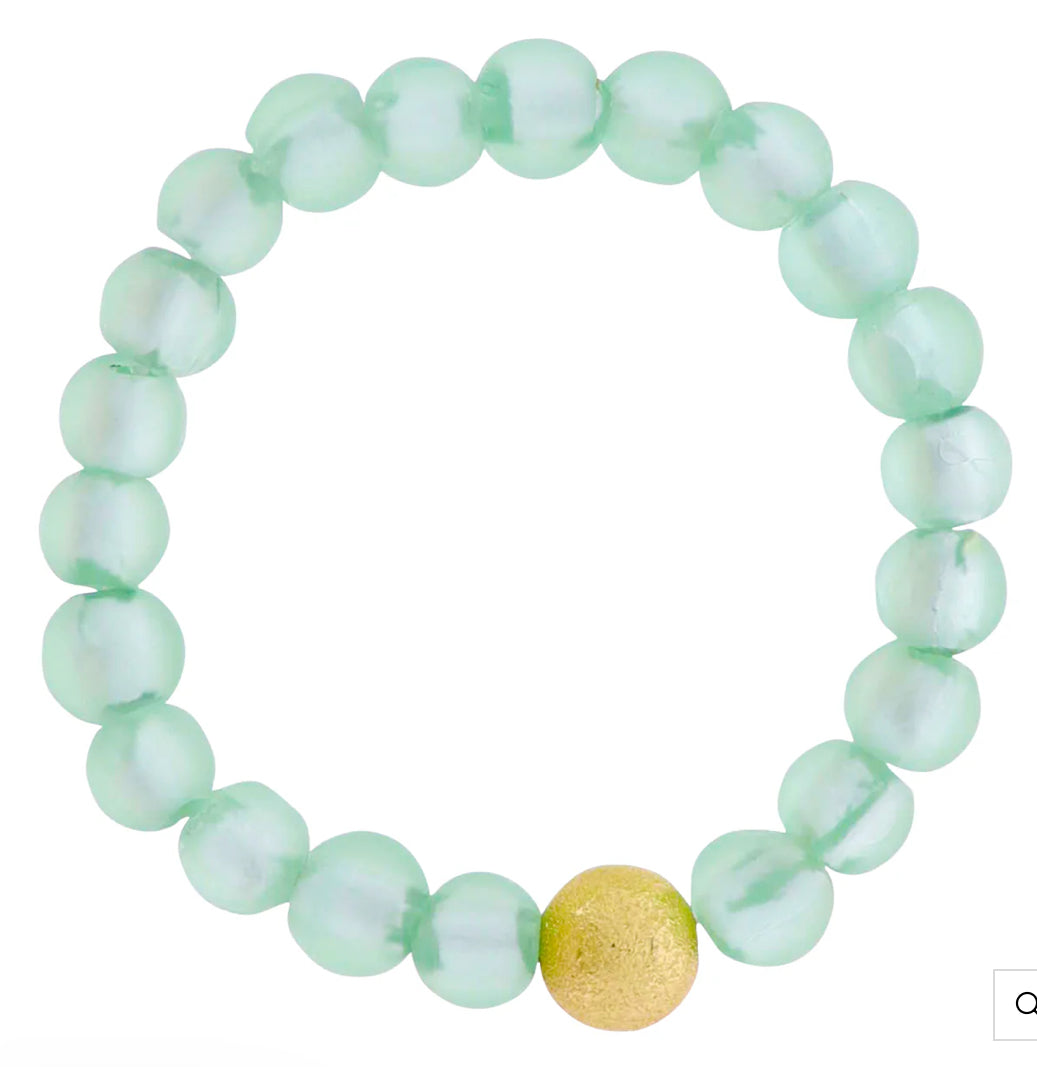 Jane Marie 18k Gold Plated Mint Tumbled Glass Beaded Stretch Bracelet with Gold Textured Ball