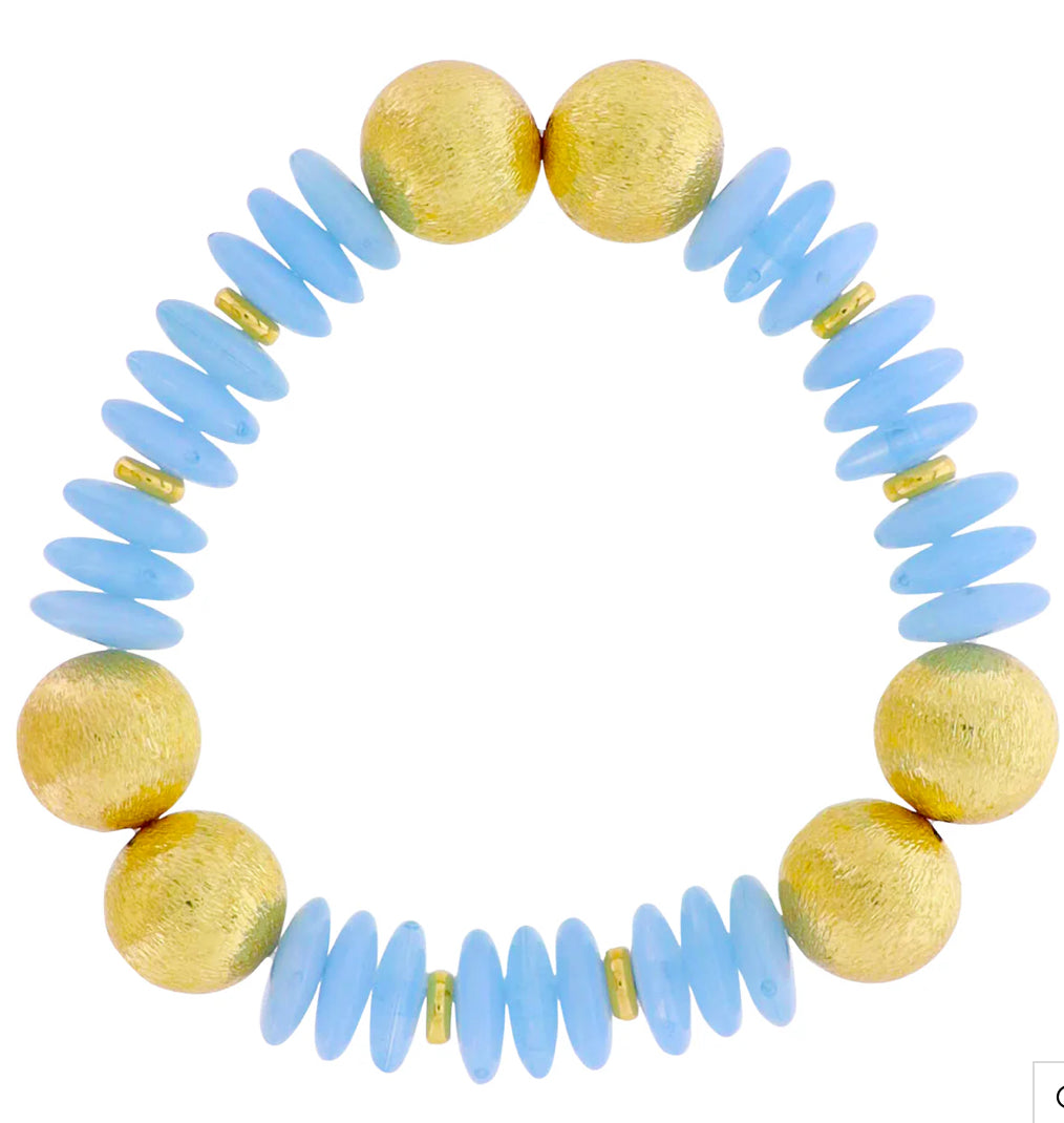 Jane Marie 18k Gold Plated Light Blue Rondelle Beaded Stretch Bracelet with Gold Balls