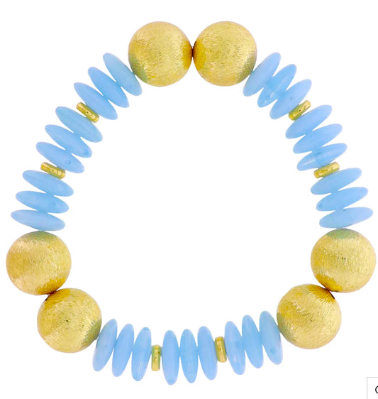 Jane Marie 18k Gold Plated Light Blue Rondelle Beaded Stretch Bracelet with Gold Balls