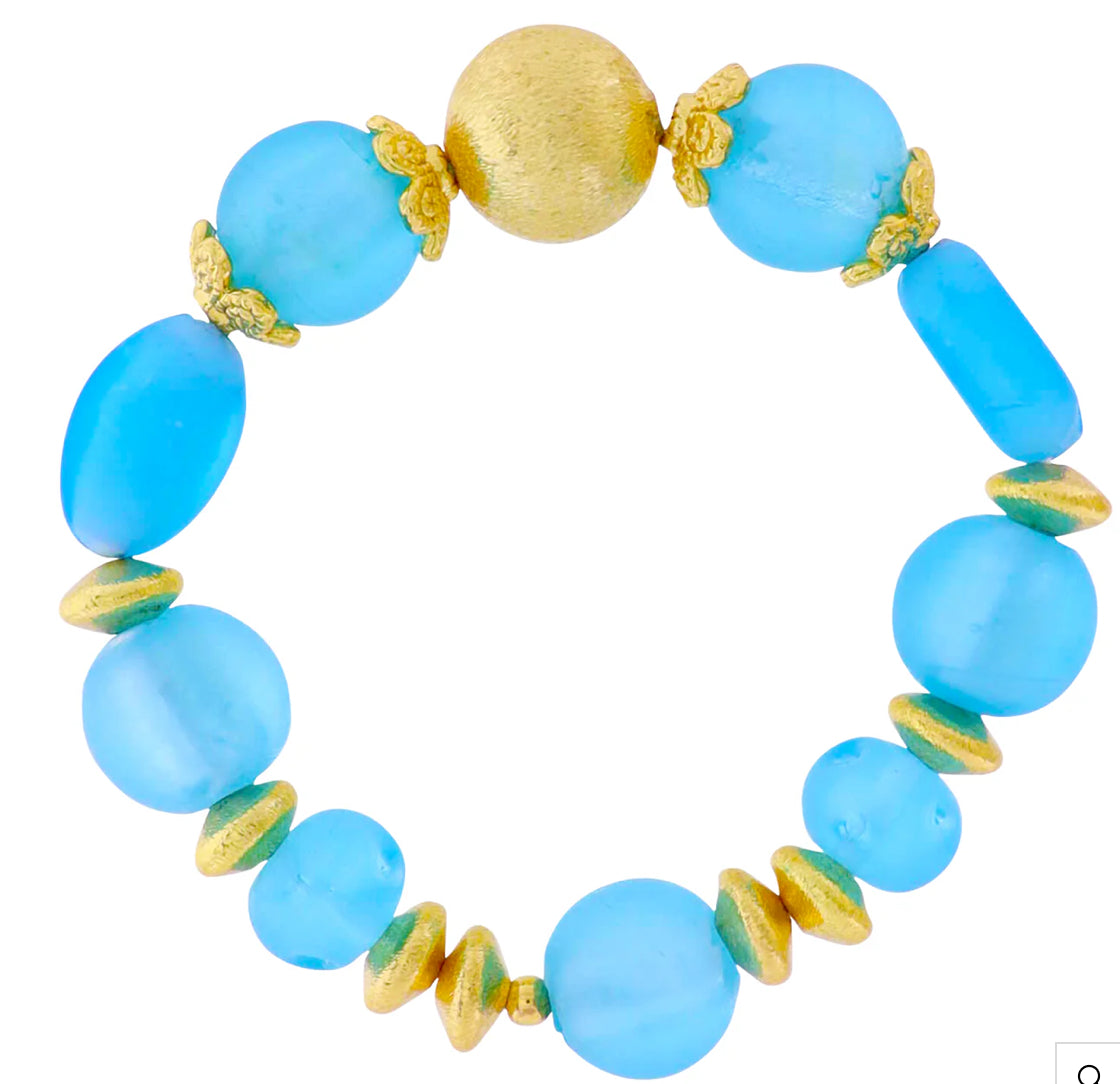 Jane Marie 18k Gold Plated Blue Tumbled Glass Beaded Stretch Bracelet with Gold Ball and Spacers