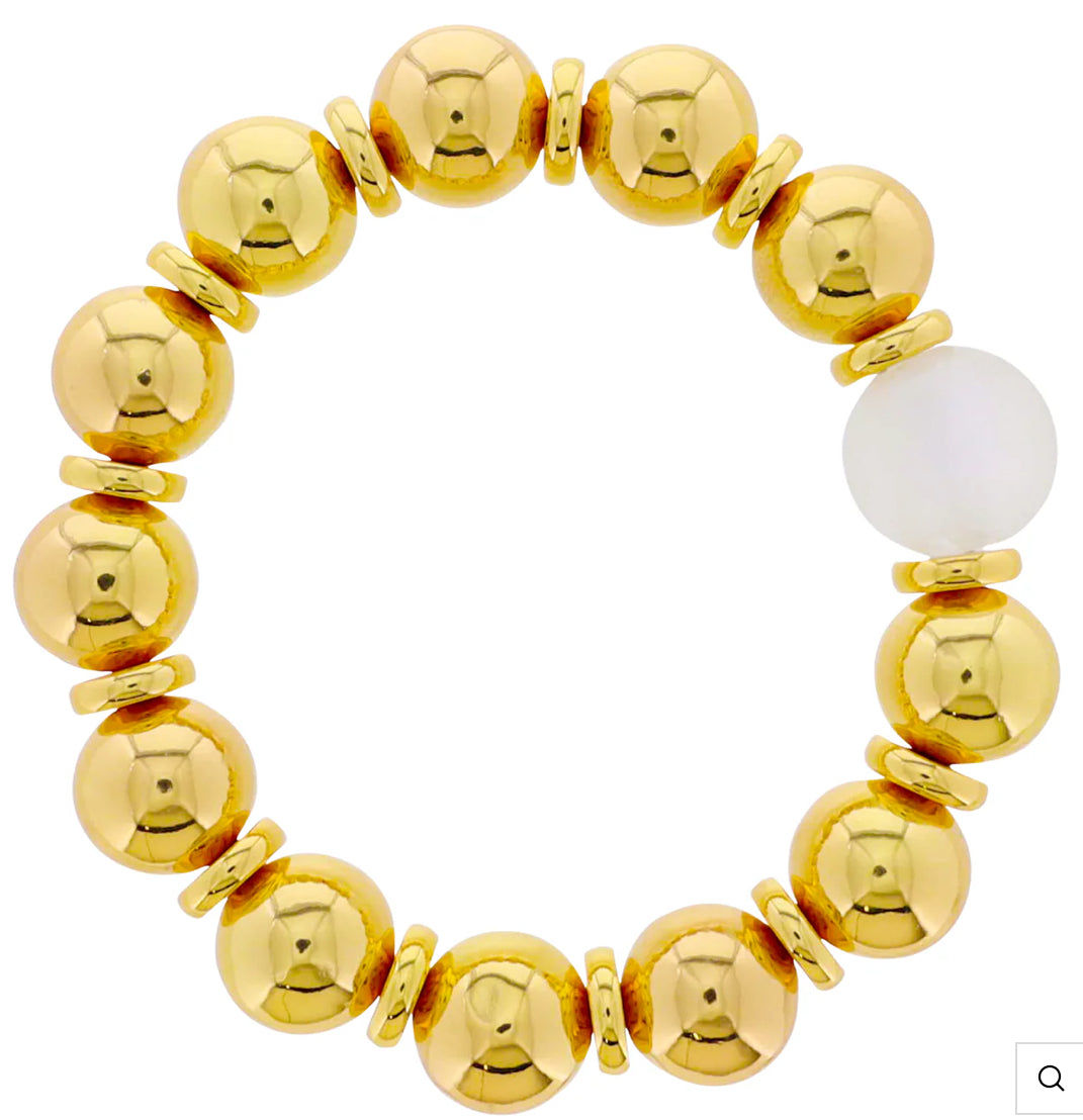 Jane Marie 18k Gold Plated Gold Beaded Stretch Bracelet with Clear Tumbled Glass Bead