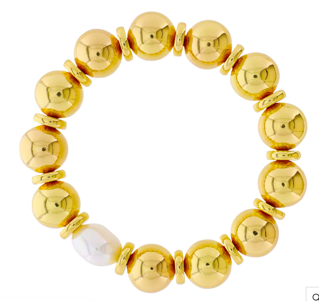 Jane Marie 18k Gold Plated Gold Beaded Stretch Bracelet with Pearl