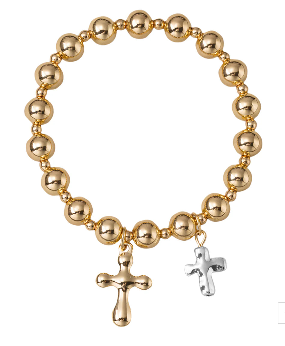 Jane Marie 18k Gold Plated Ball Beaded Stretch Bracelet with Two Toned Crosses