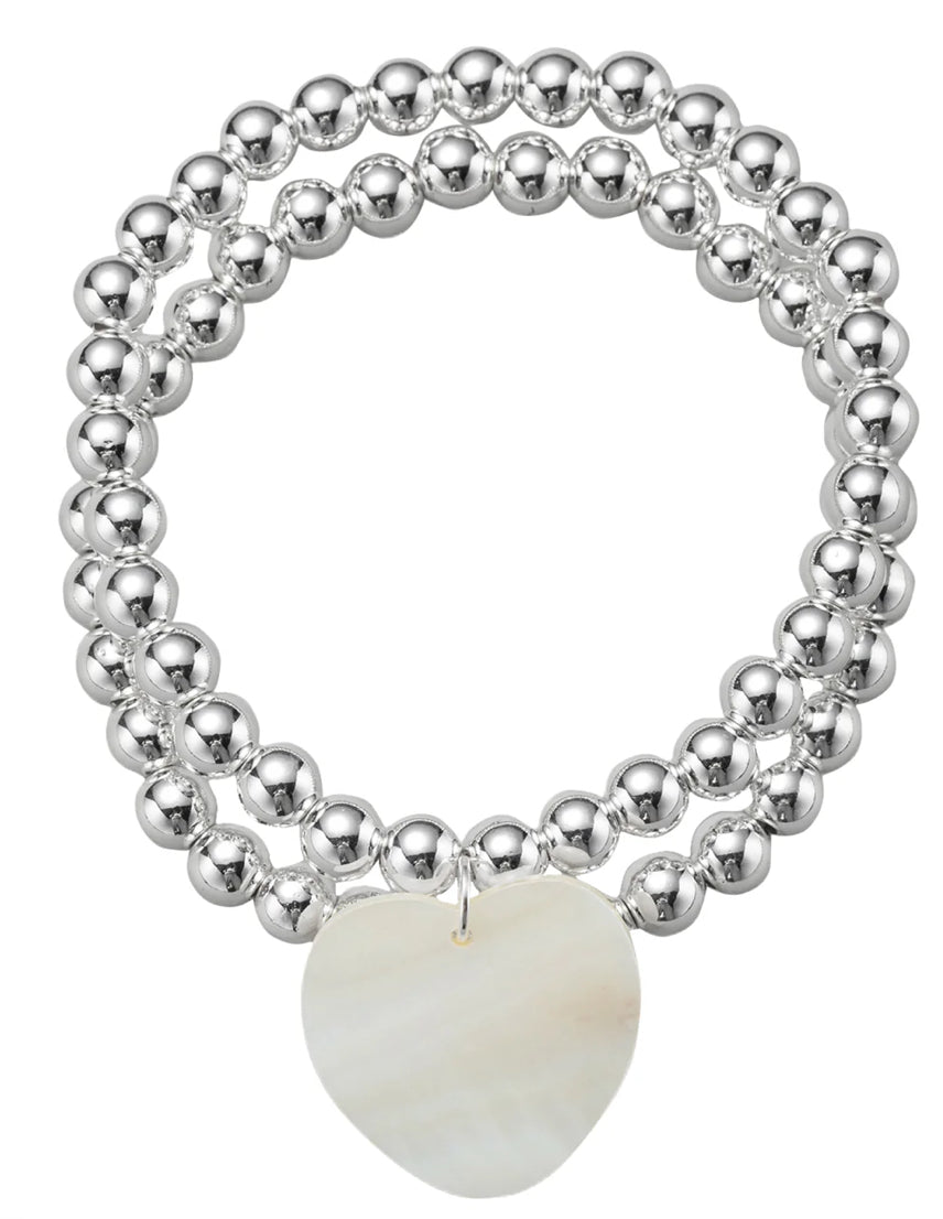 Jane Marie 18k Gold Plated Silver Set Of 2 Beaded Stretch Bracelet with Shell Heart