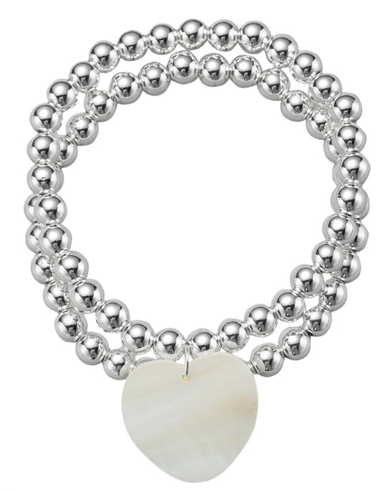 Jane Marie 18k Gold Plated Silver Set Of 2 Beaded Stretch Bracelet with Shell Heart