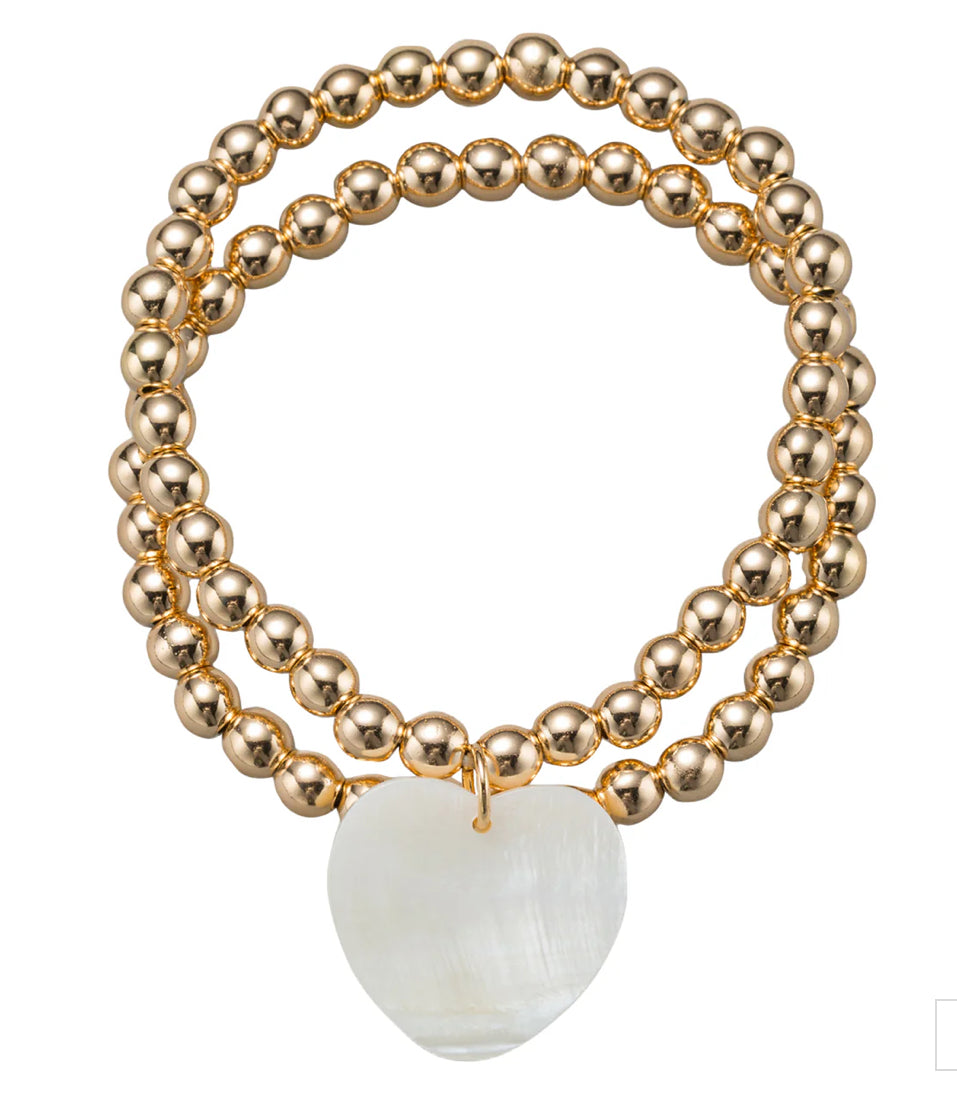 Jane Marie 18k Gold Plated Set Of 2 Beaded Stretch Bracelet with Shell Heart