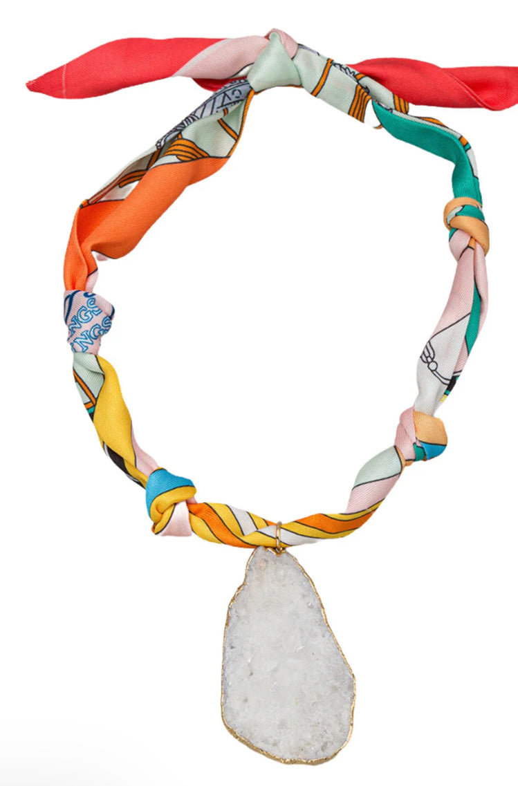 Jane Marie Crest Pattern Tie Necklace with White Electroplate Agate
