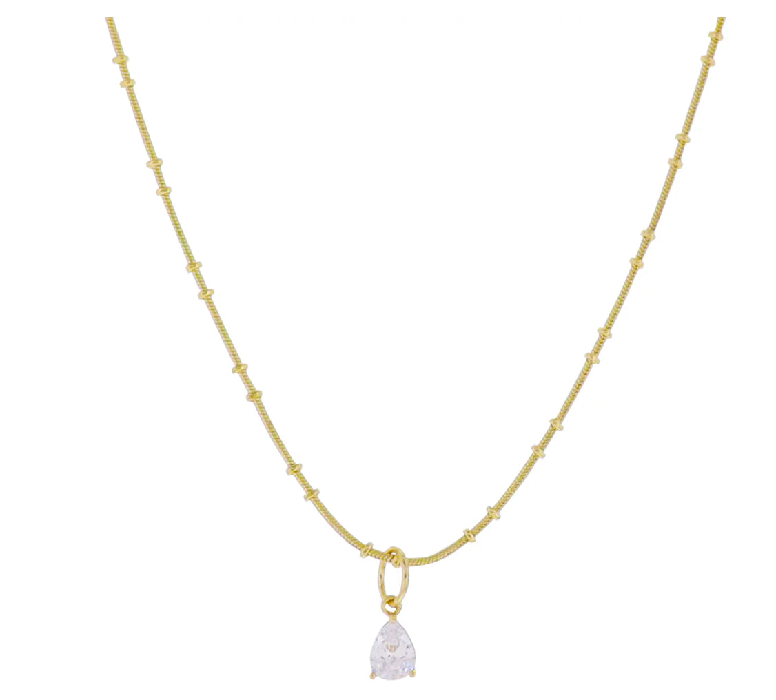 Jane Marie 18k Gold Plated Ball Snake Chain Necklace with Clear Crystal Teardrop Charm