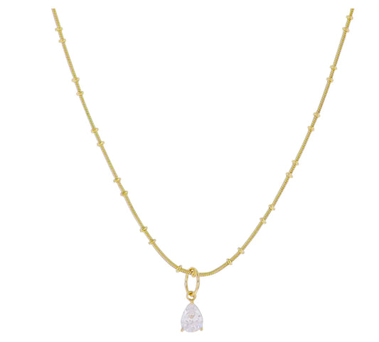 Jane Marie 18k Gold Plated Ball Snake Chain Necklace with Clear Crystal Teardrop Charm