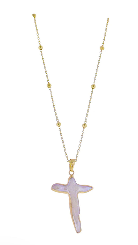 Jane Marie 18k Gold Plated Ball Station Chain Necklace with Electroplated Pearl Cross