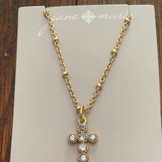 Jane Marie 18k Gold Plated Ball Station Chain Necklace with Clear Crystal Cross Charm